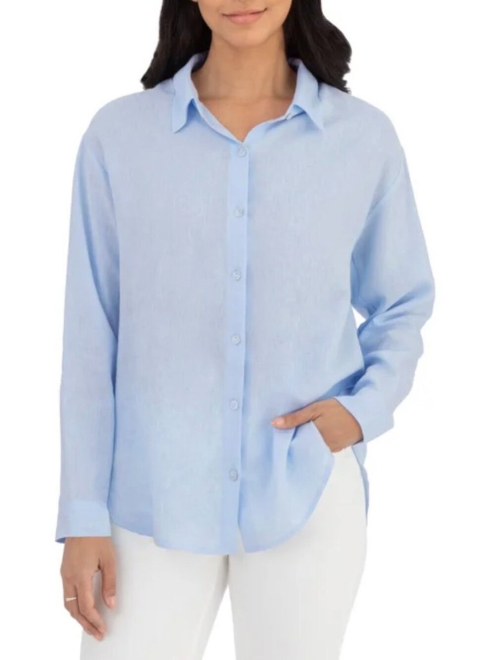Blank NYC Women's Blue Linen Blend Button Up Shirt